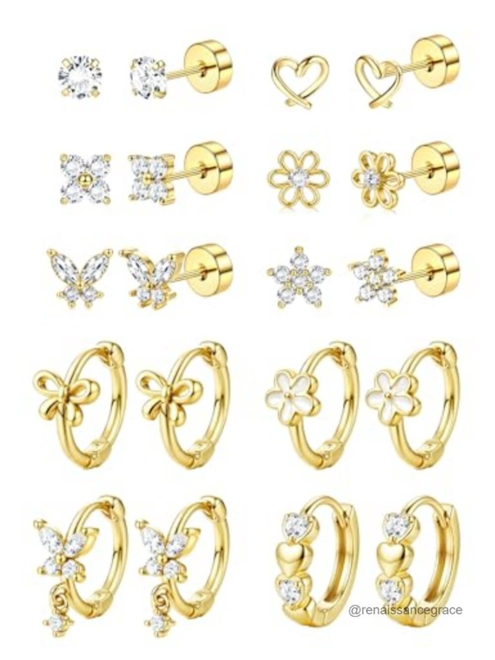10 Pair Hypoallergenic Earring Set for Girls - 14K Gold Plated Stainless Steel